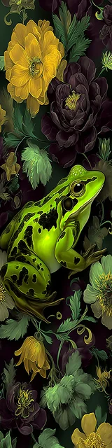 Free printable frog bookmark featuring second green frog on dark greens floral theme